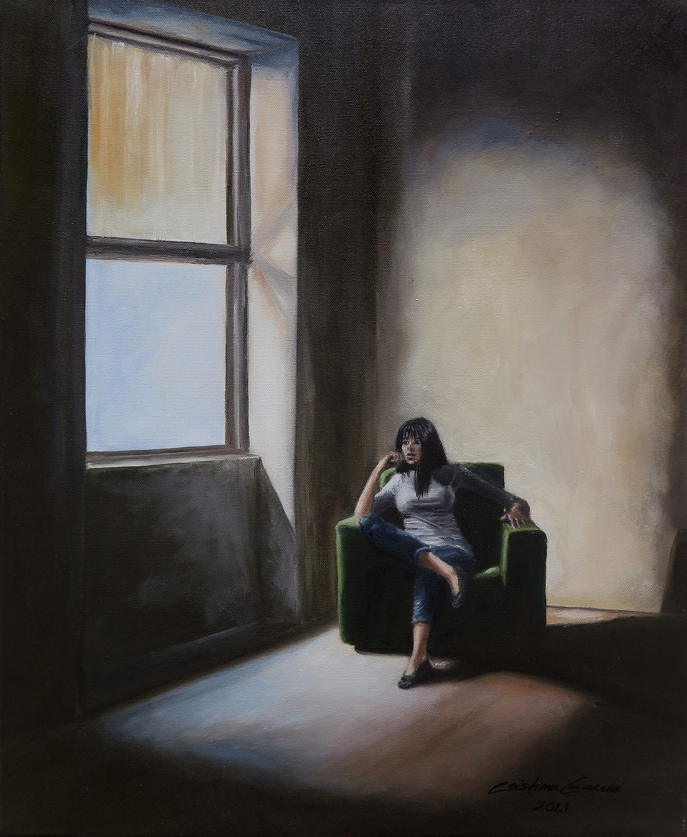 Waiting…, série Quiet… óleo sobre tela, 55 x 46 cm, 2021