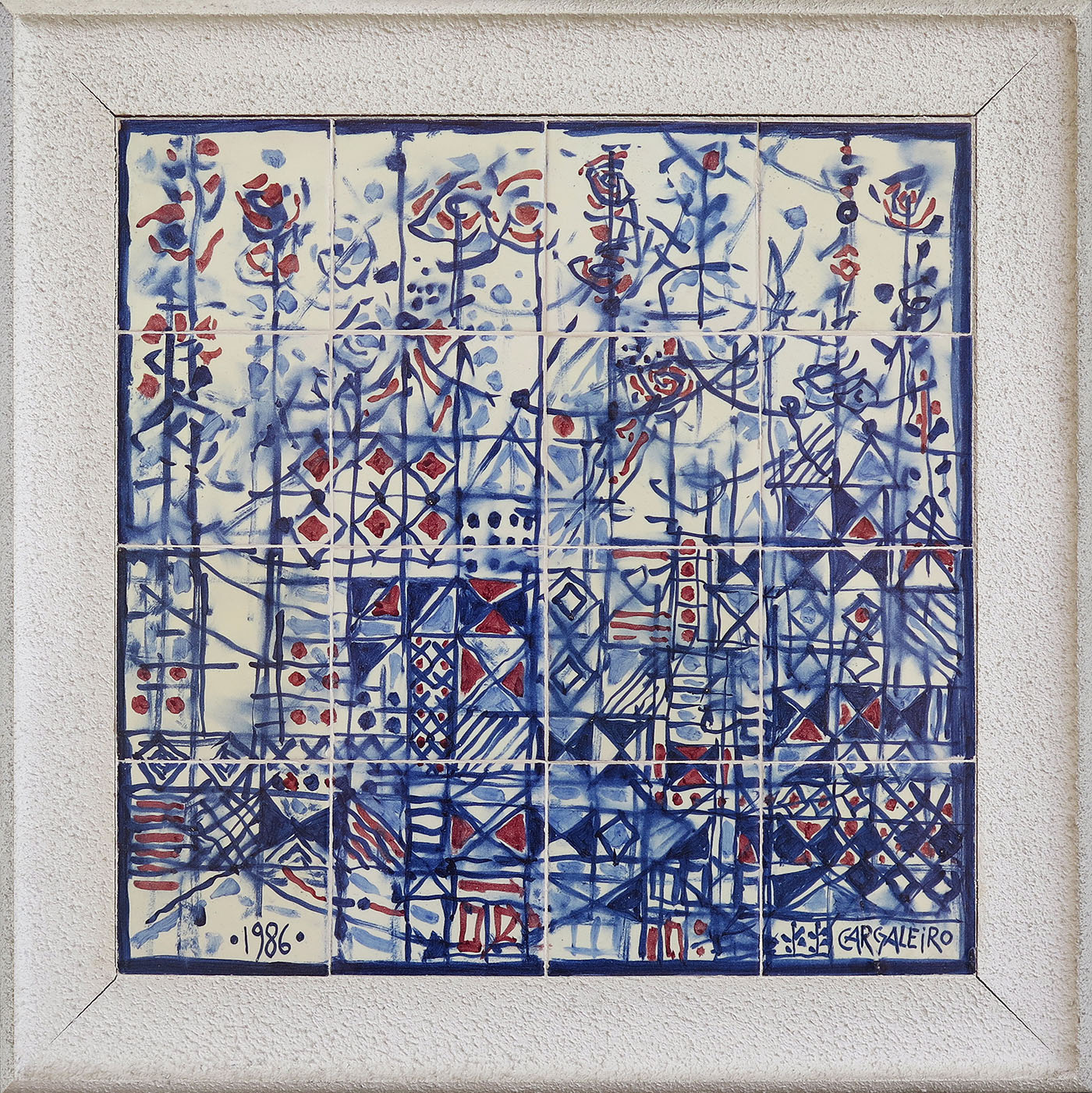 Painel de 16 azulejos vidrados e policromados, 56,5 x 56,5 cm, 1986
